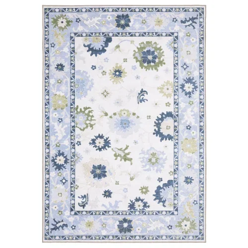 Tapete Adina Floral en Marfil con Borde Azul