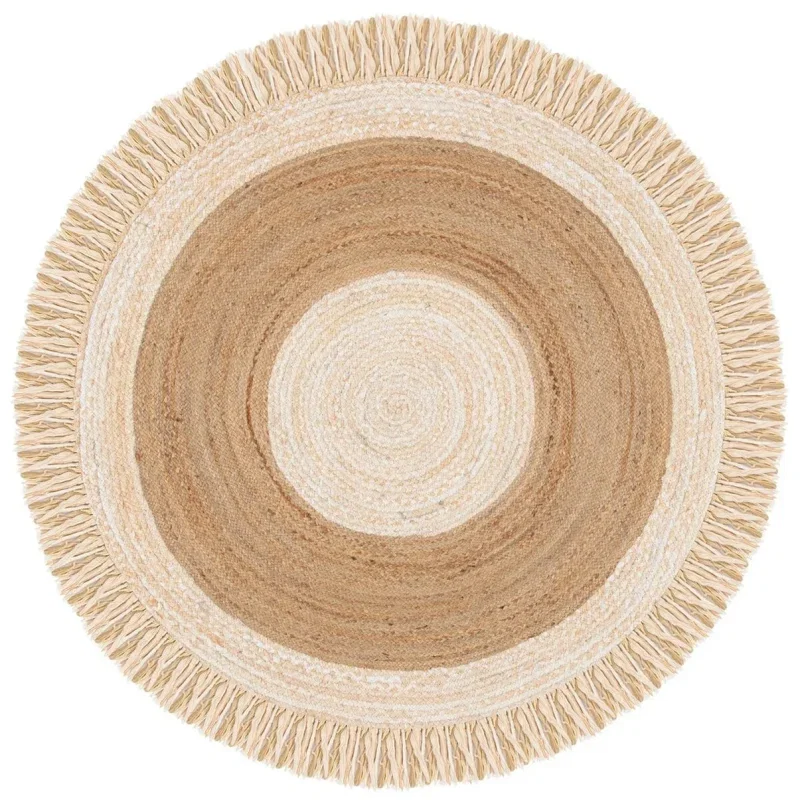Tapete Cabo Trenzado con Flecos en Beige con Natural, versión redonda 3
