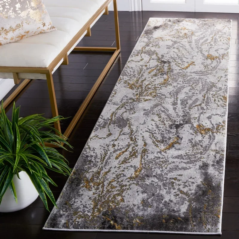 Tapete Destreza de Volutas Distressed en Gris con Dorado