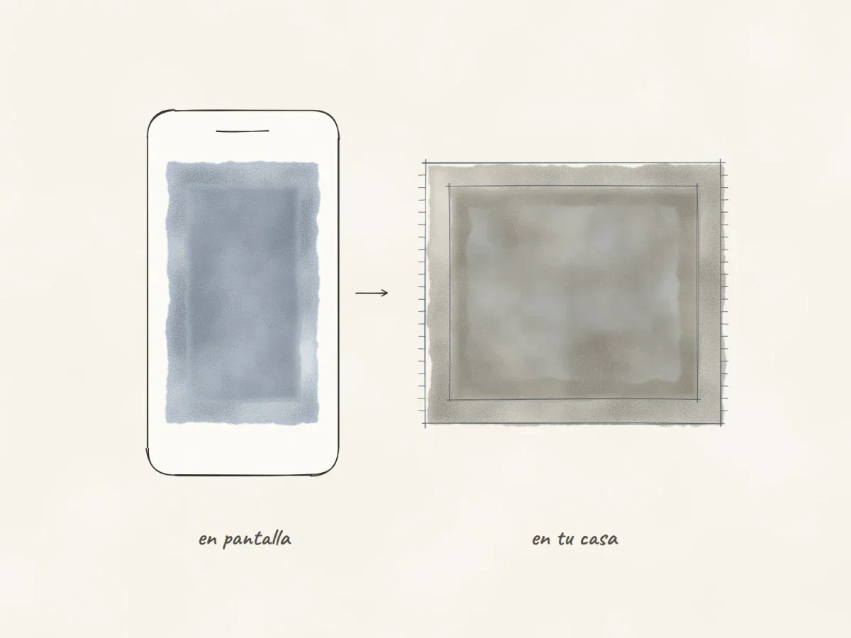 Dibujo de un tapete en la pantalla de un celular junto al mismo tapete en casa