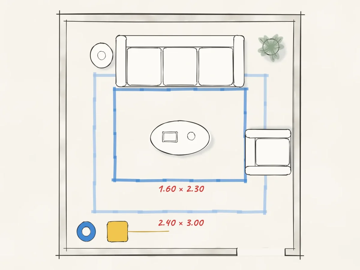 Dibujo de dos medidas de tapete marcadas con cinta azul alrededor de la sala