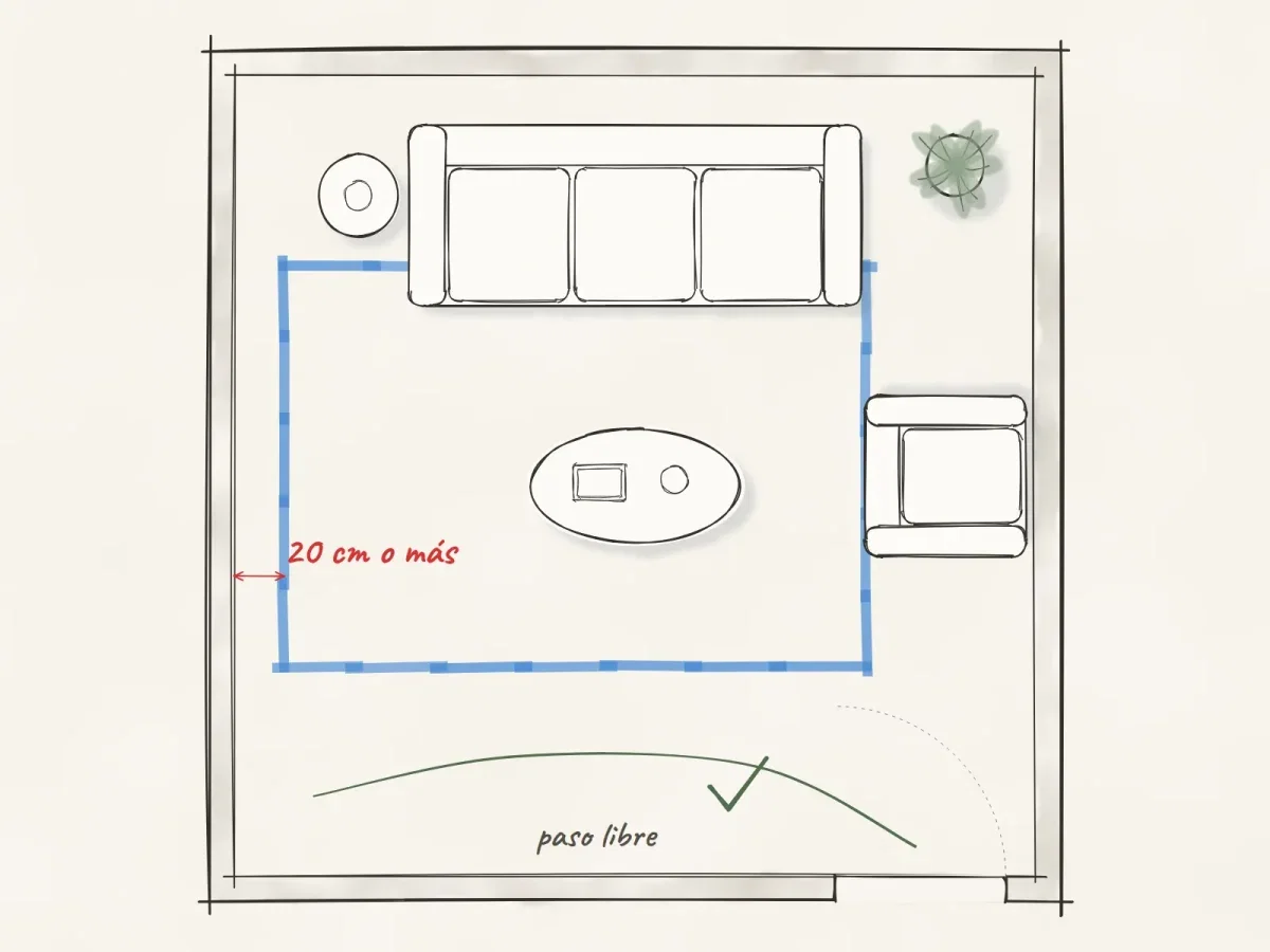 Dibujo de la cinta con espacio a la pared, paso libre y la puerta sin tocar el tapete