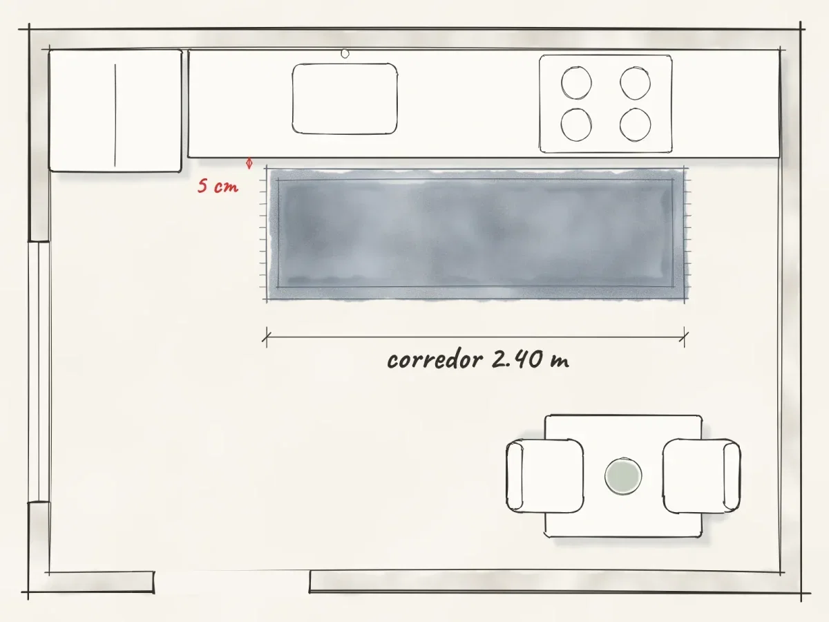 Plano de cocina lineal con un corredor de 2.40 m frente a la tarja y la estufa