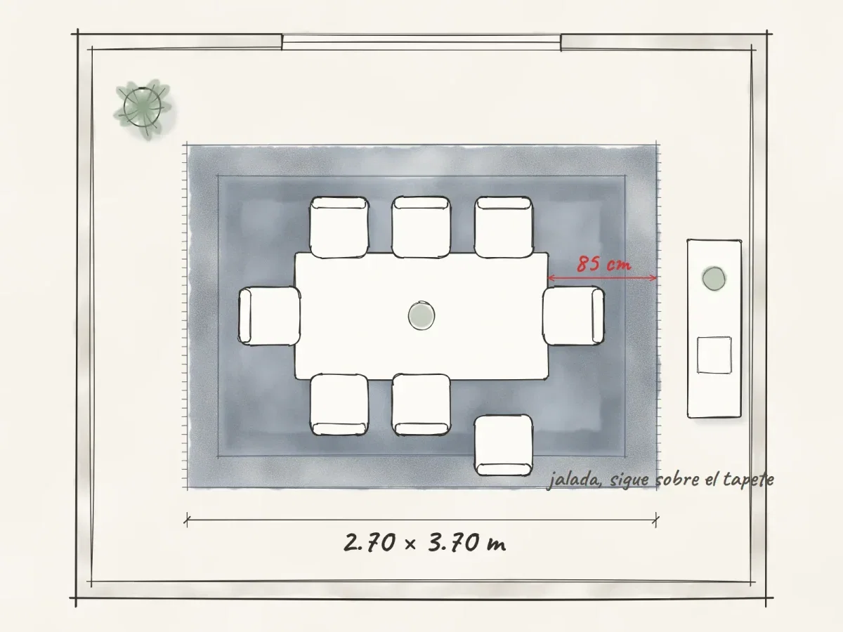 Plano de comedor para 8 personas sobre un tapete de 2.70 × 3.70 m