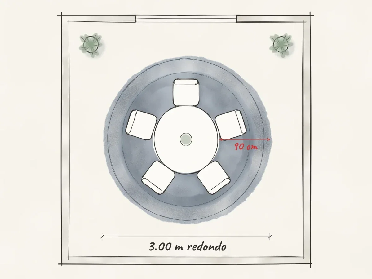 Plano de mesa redonda con 5 sillas sobre un tapete redondo de 3.00 m