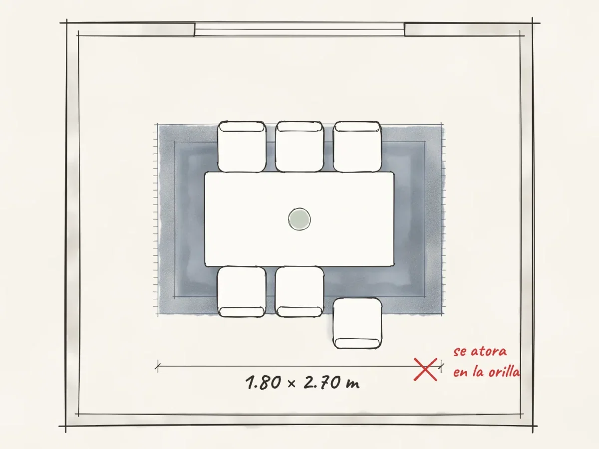Plano de comedor con un tapete de 1.80 × 2.70 m demasiado chico: la silla queda en la orilla
