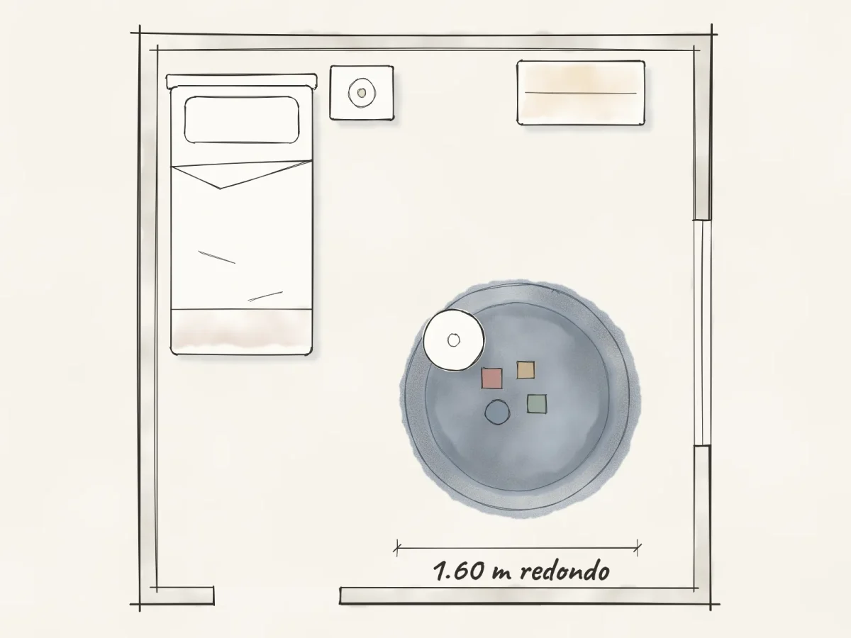Plano de cuarto infantil con zona de juego sobre un tapete redondo de 1.60 m