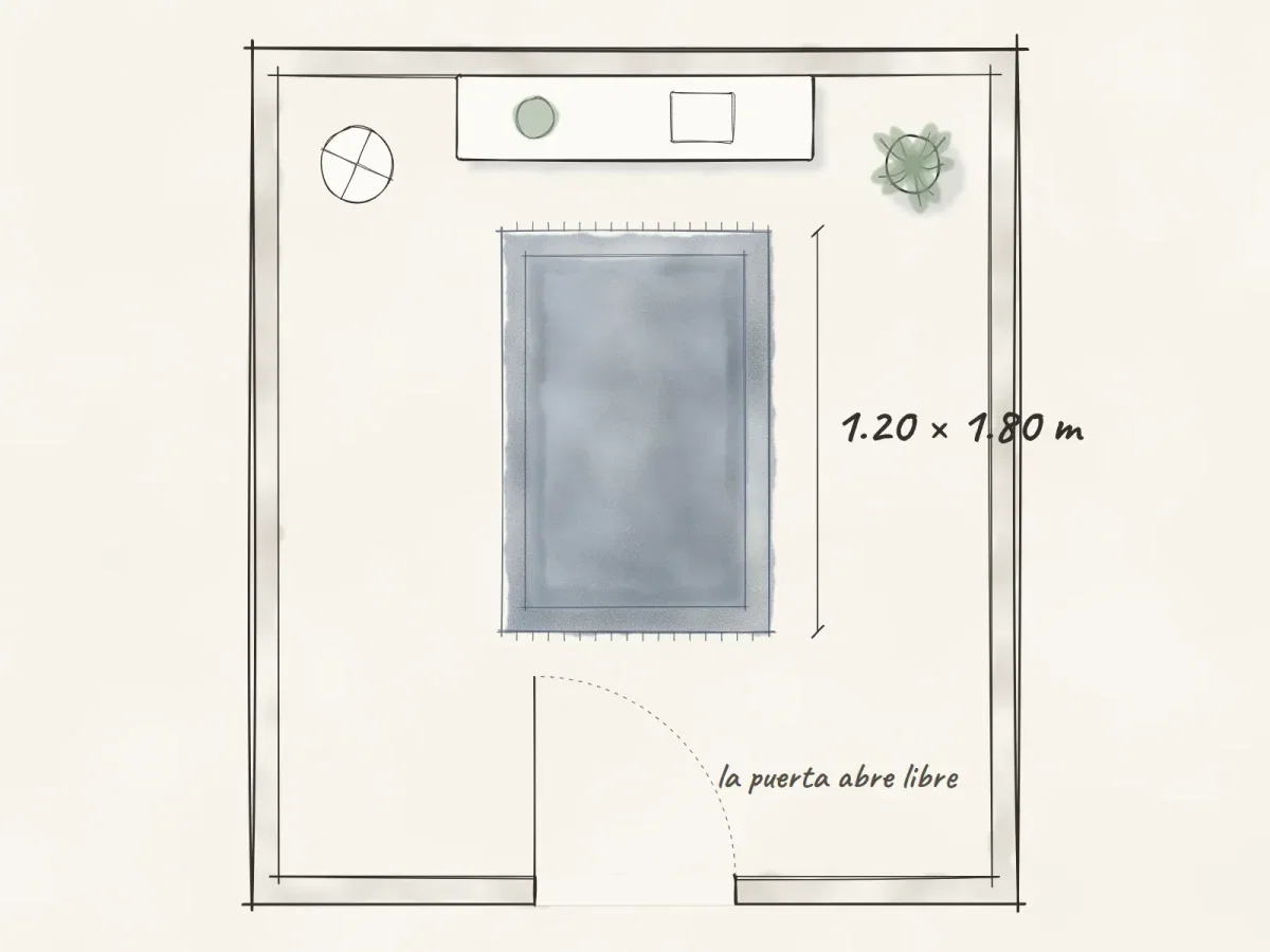Plano de recibidor con tapete de 1.20 × 1.80 m frente a la puerta