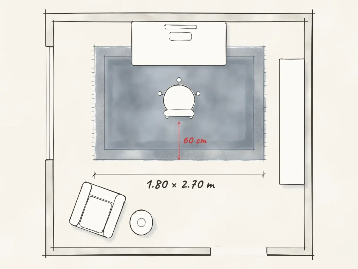 Plano de estudio con escritorio y silla con ruedas sobre un tapete de 1.80 × 2.70 m