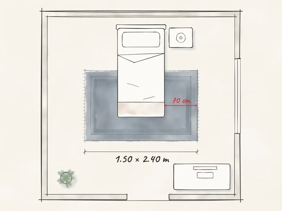 Plano de recámara con cama individual sobre un tapete de 1.50 × 2.40 m