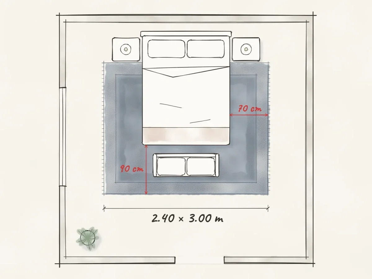 Plano de recámara con cama queen sobre un tapete de 2.40 × 3.00 m